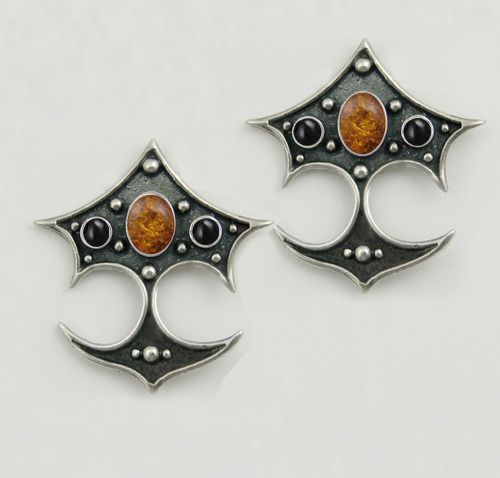 Sterling Silver Gothic Drop Dangle Earrings With Amber And Black Onyx